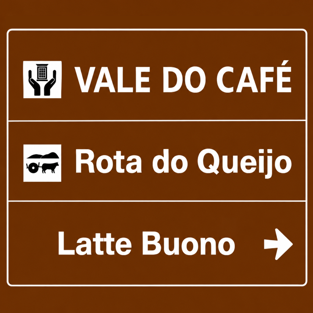 Placa escrito de transito escrita Vale do café, Rota do queijo e Latte Buono